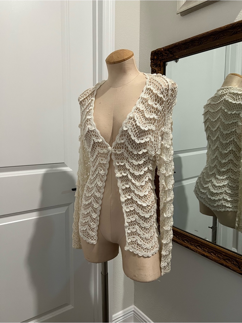 Open-Front Crochet Cardigan Sweater - Cream